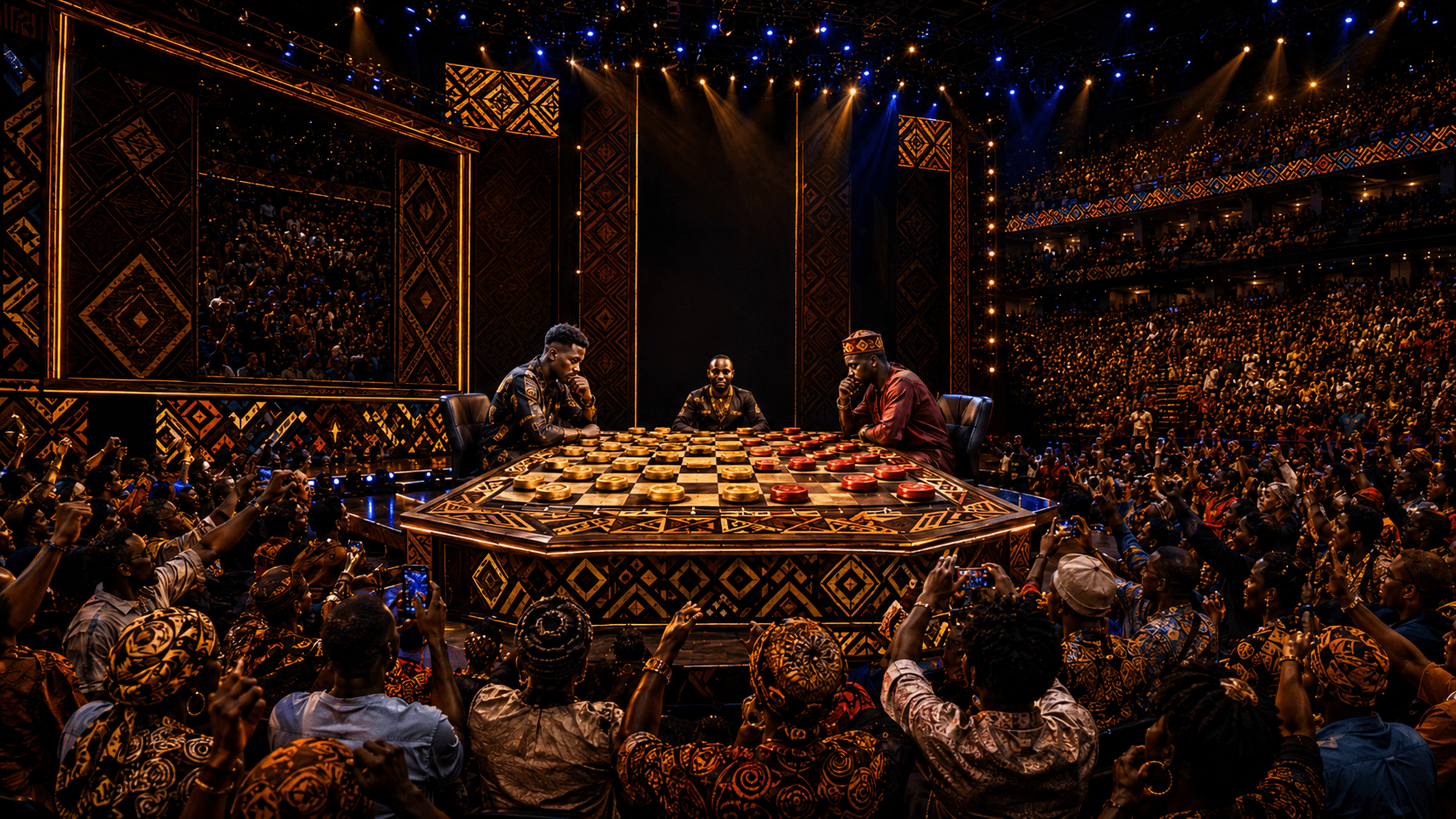 A packed arena watching a giant draughts board game final